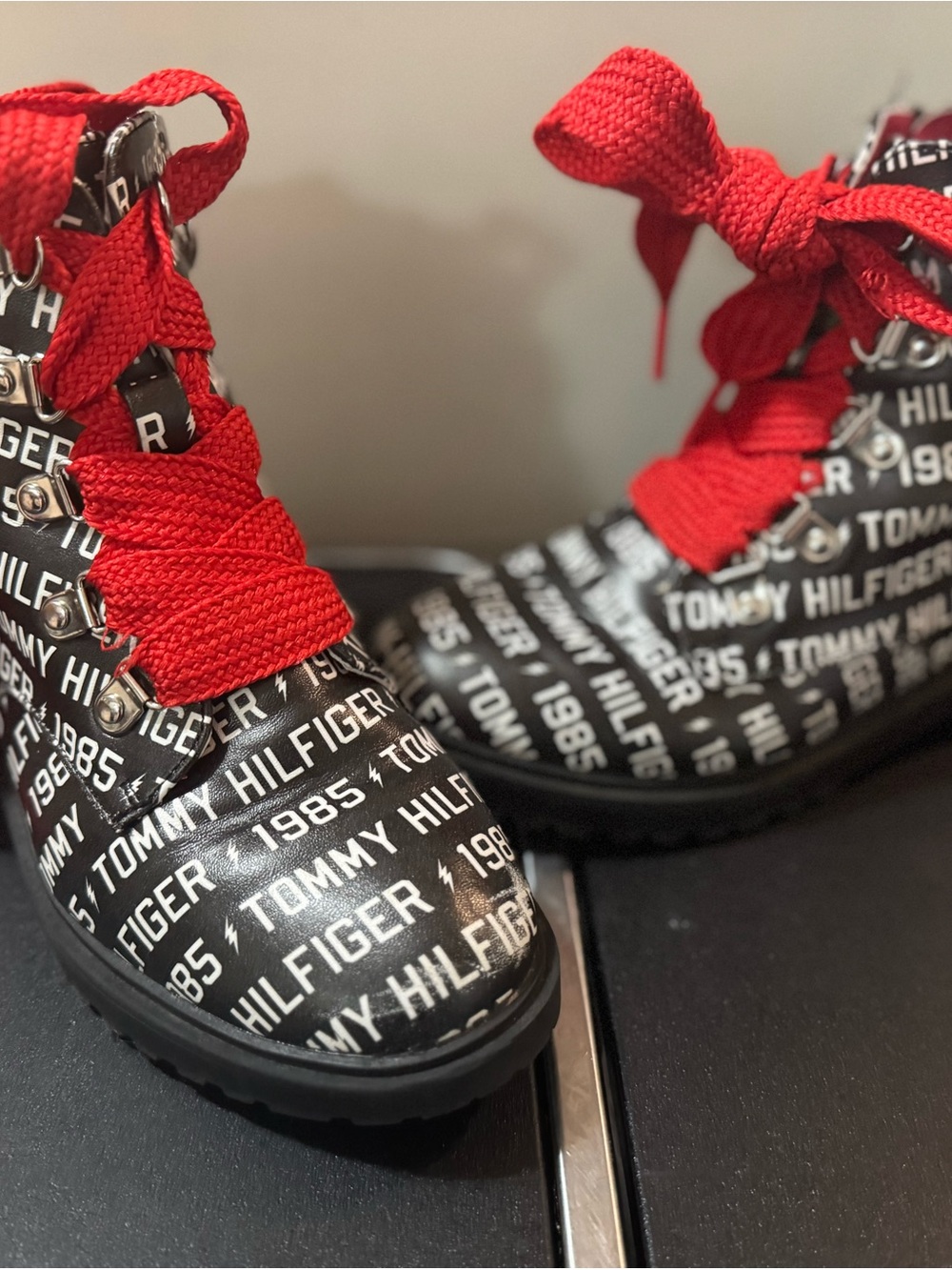 Tommy Hilfiger Black Boots with Red Laces and Logo Print